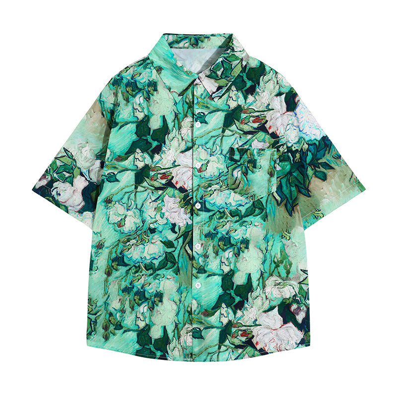 花瓶の薔薇の油彩画シャツ