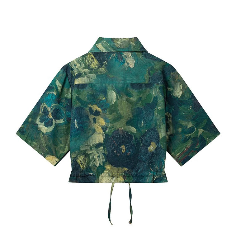 濃緑の油彩画ショートシャツ