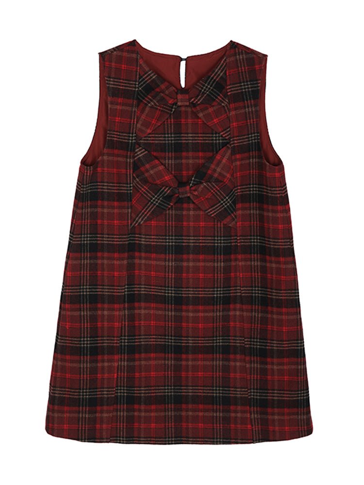 Red plaid woolen high-waisted bow-tie inner v-neck dress