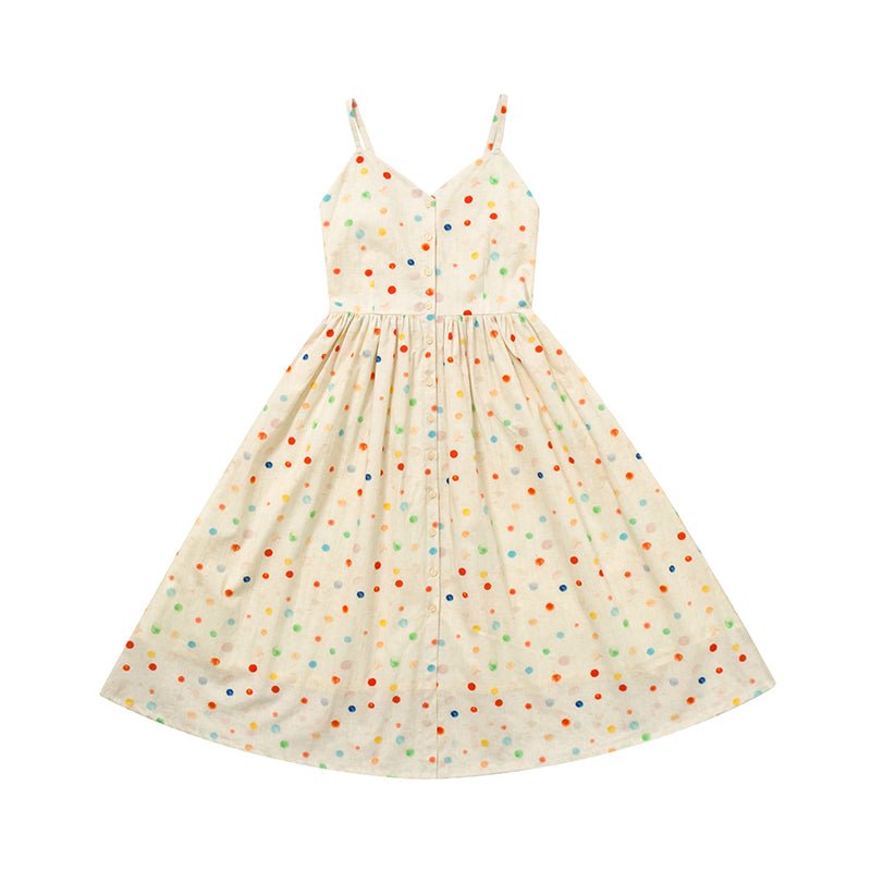 Retro rainbow polka dot suspender dress