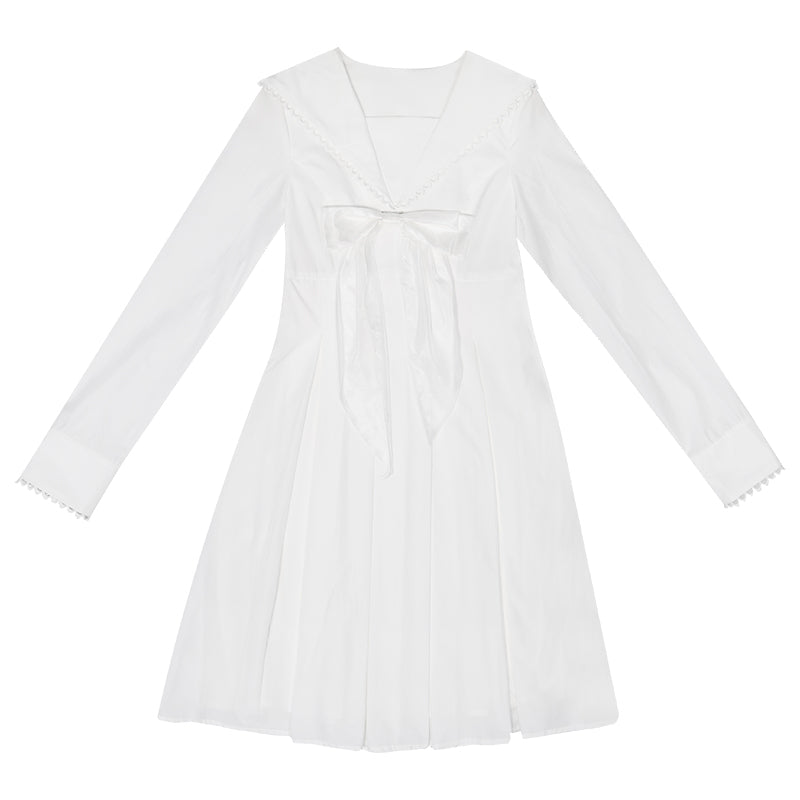 Sailor neck ribbon pleated long sleeve lace dress