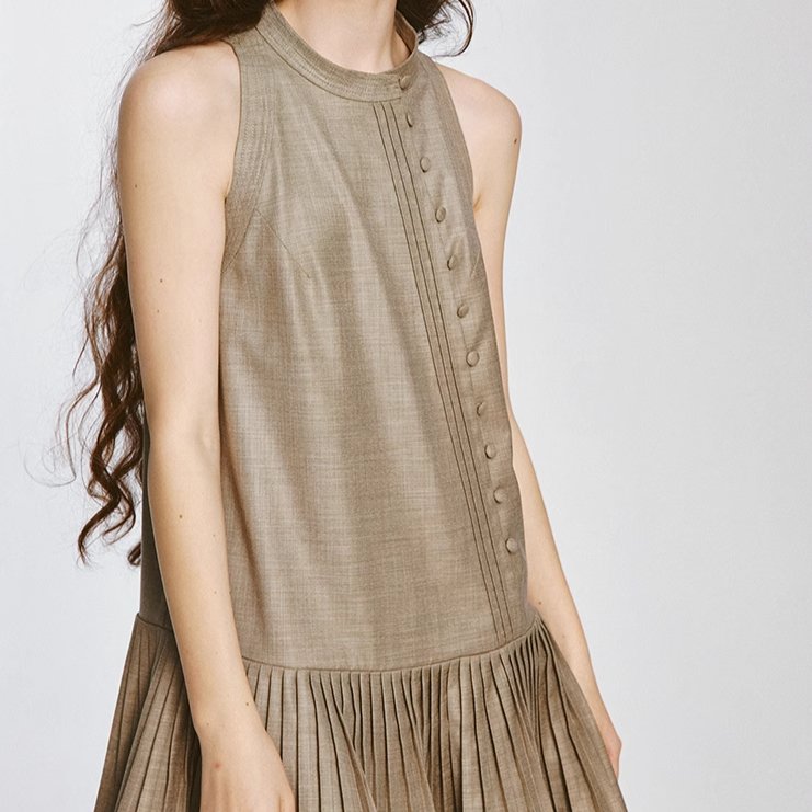 Stand collar Chinese button down pleated vest dress