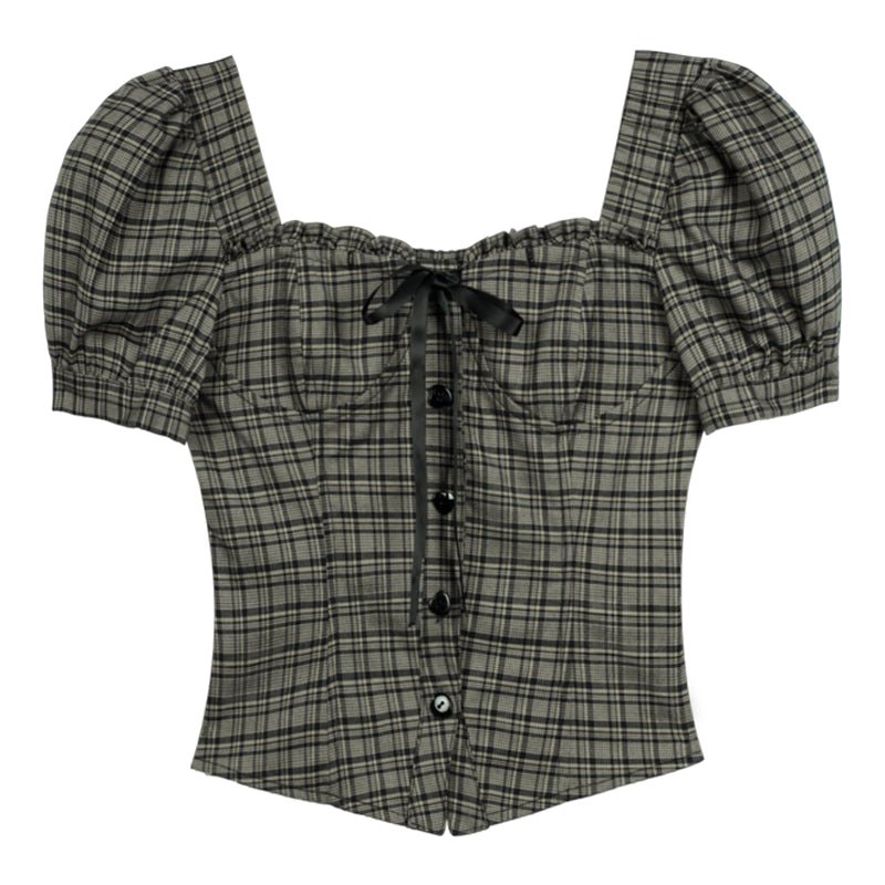 Sweet Puff Sleeve Tops Plaid Short Sleeve Shirt