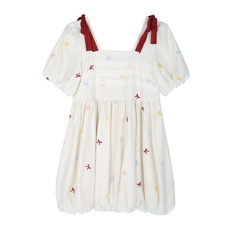 Well-tailored bow embroidered square neck Tencel dress