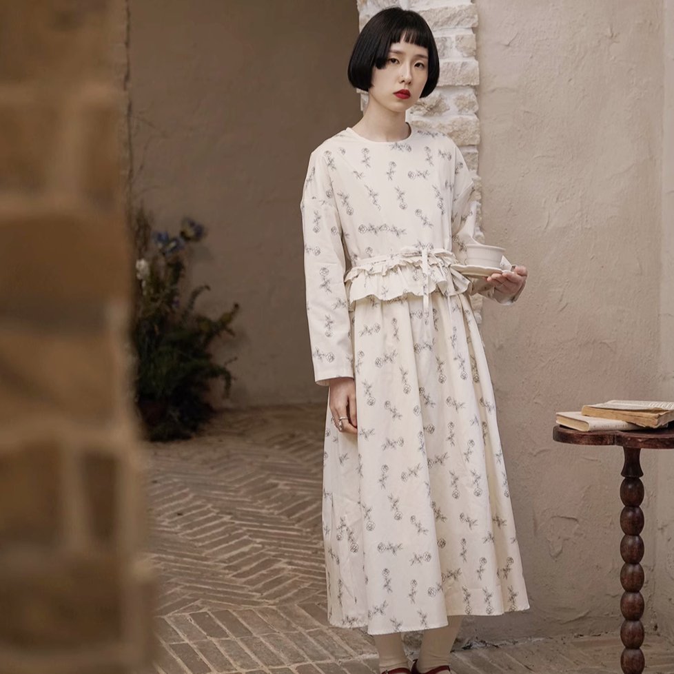 Rose Print Round Neck Ruffled Fake Two-Piece Dress Rose Print Round Neck Ruffled Fake Two-Piece Dress