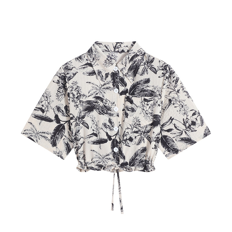 水墨画の花柄ショートシャツ