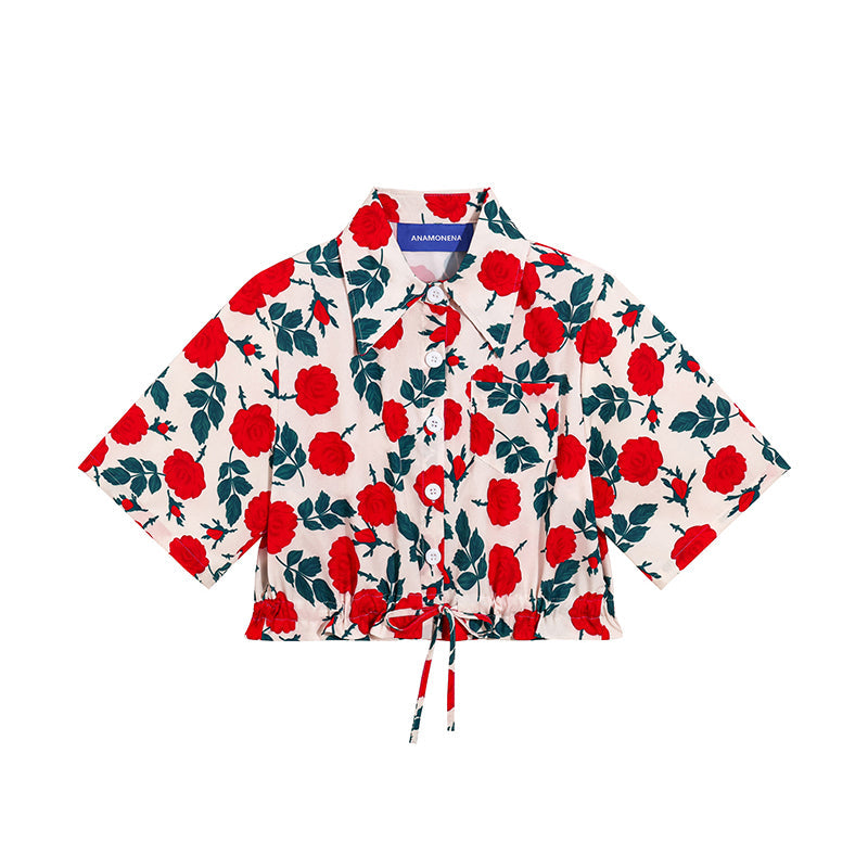 深紅の薔薇柄ショートシャツ