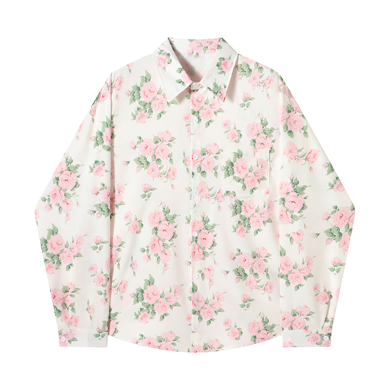 桃色椿の花柄シャツ