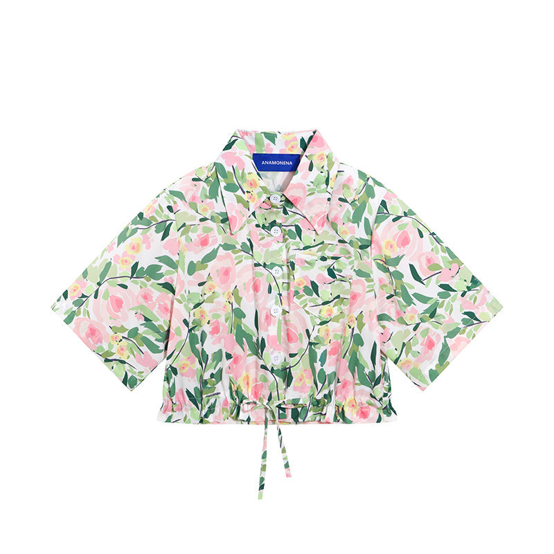 桃色の薔薇柄ショートシャツ