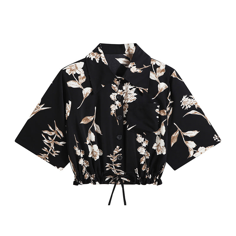 漆黒の夜の花柄ショートシャツ