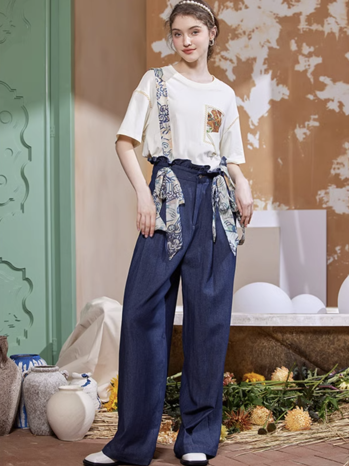 農婦のいる古い葡萄畑のワイドデニムパンツ