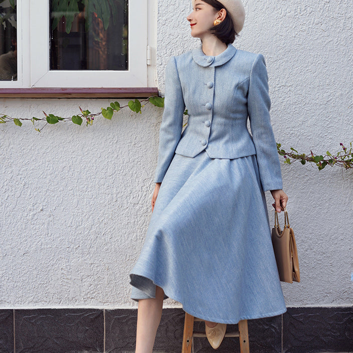 Light blue classic tweed jacket and tweed skirt – remulia