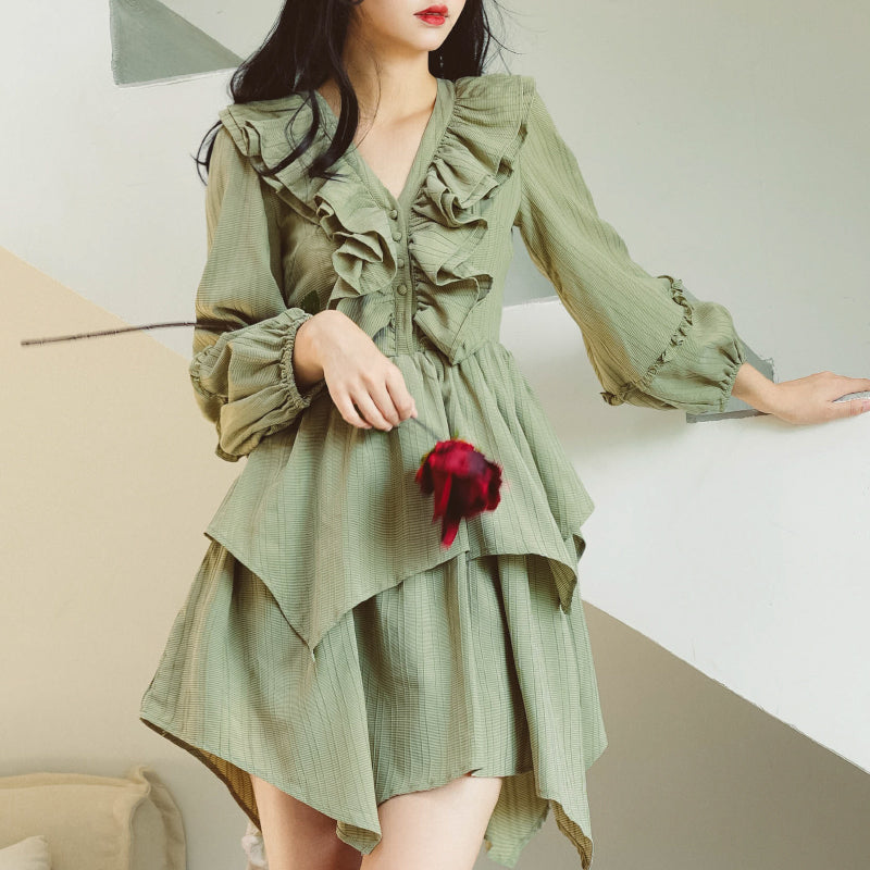 Dull green frilly layered dress remulia Dull green frilly layered dress remulia