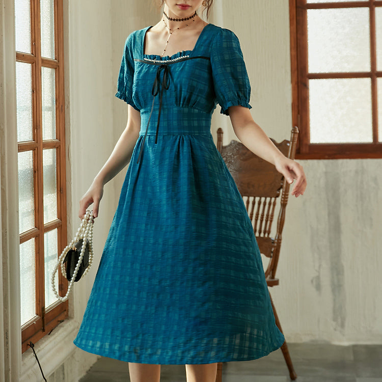Peacock Blue Plaid Retro Dress remulia Peacock Blue Plaid Retro Dress remulia