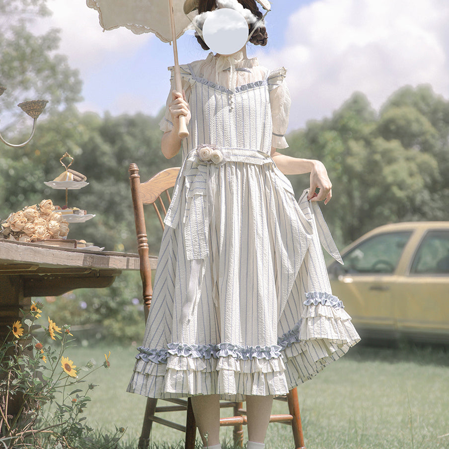 British girl's vertical striped dress and chiffon blouse（予約商品：30日以内に発送）
