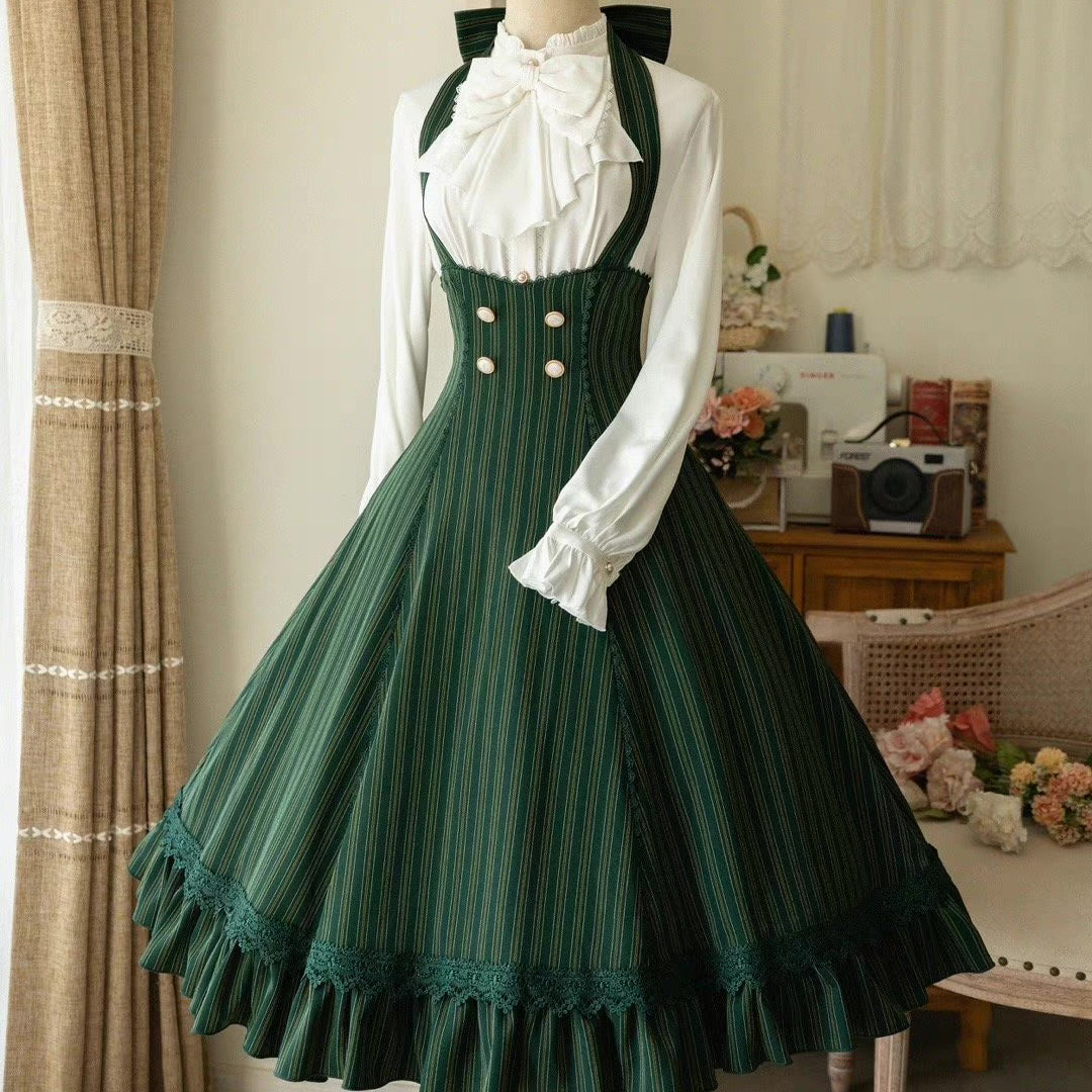 Dark green stripe jumper skirt / high neck ribbon blouse – remulia