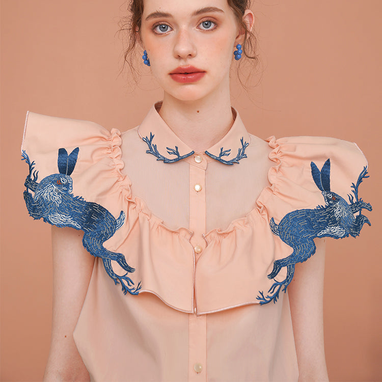 blue rabbit embroidery collar blouse – remulia