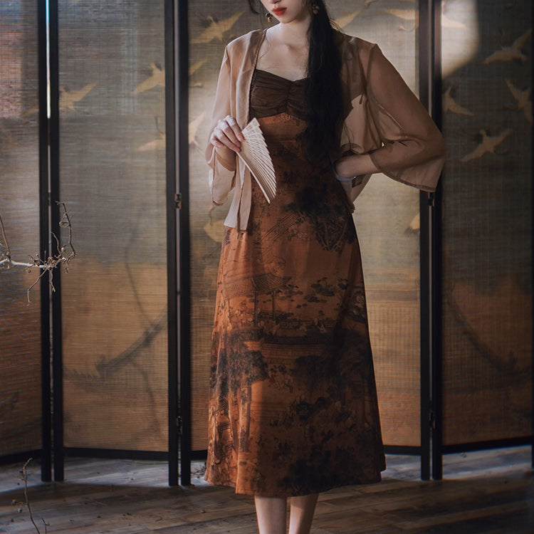 Folding screen picture of the castle Camisole dress and cardigan Folding screen picture of the castle Camisole dress and cardigan