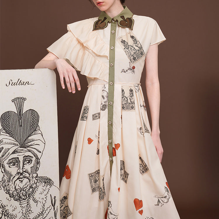 Western woodcut playing card pattern frill dress
