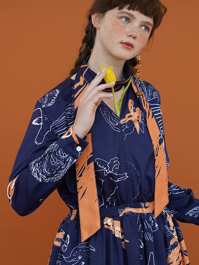 愛猫と天使の手描きアートネイビーワンピース