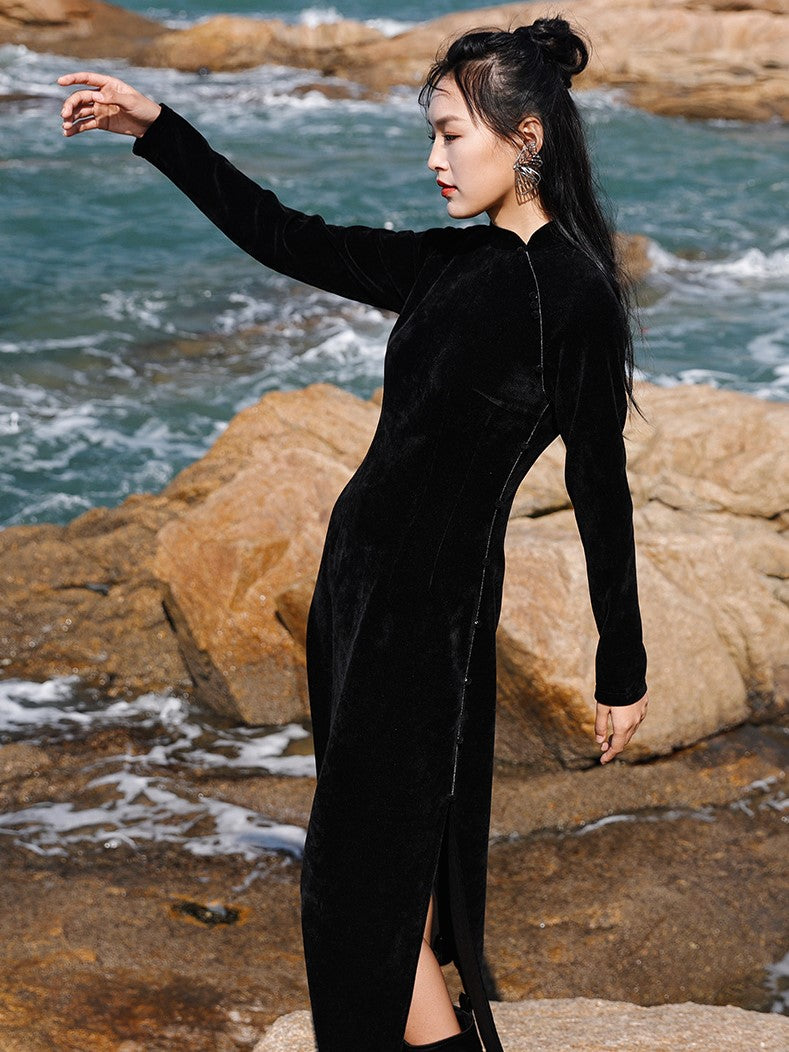 黒のお嬢様のベルベットチャイナワンピース