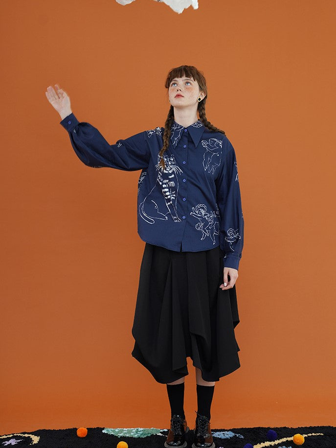 愛猫と天使の手描きアートネイビーブラウス