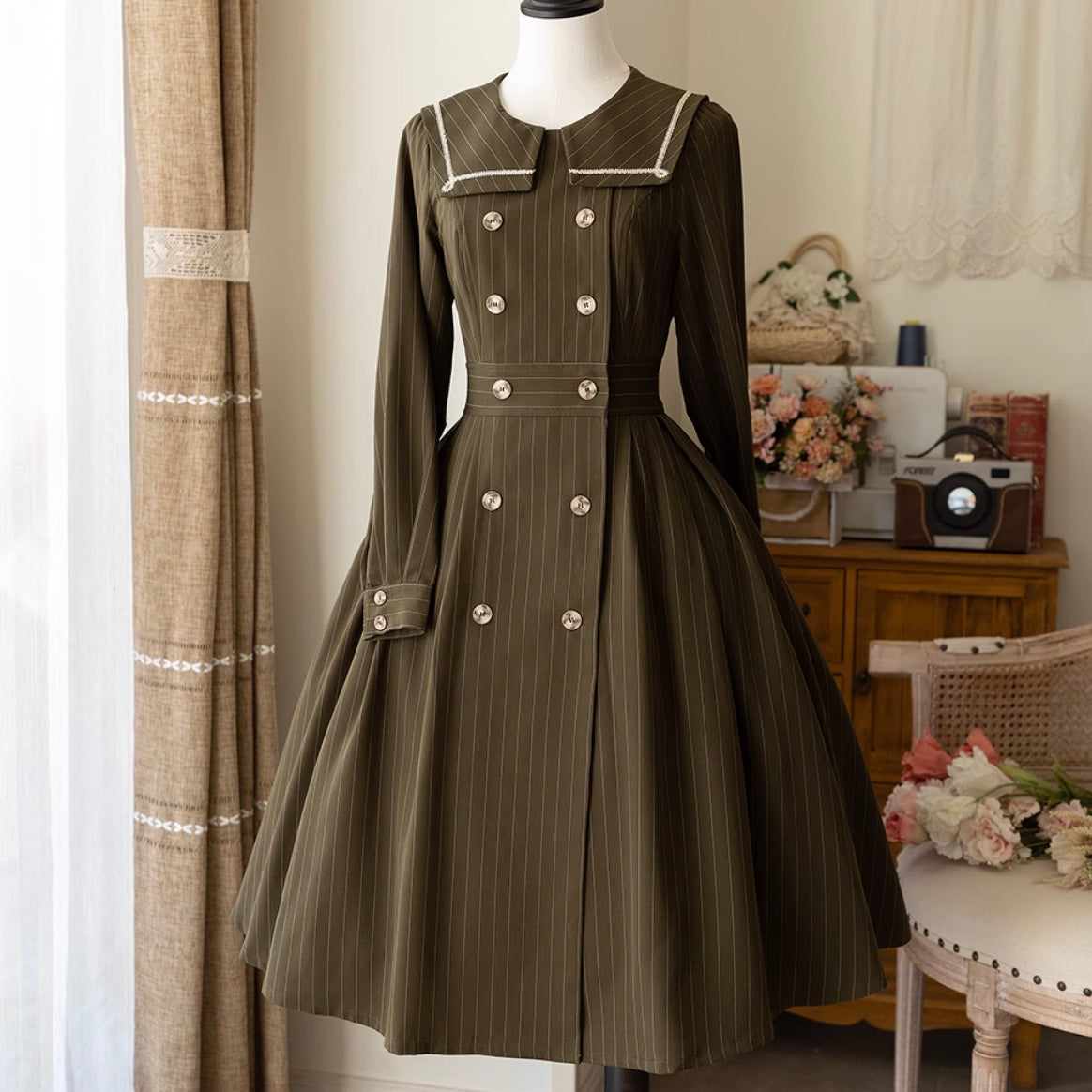 Dark green vertical striped embroidered umbrella coat dress remulia Dark green vertical striped embroidered umbrella coat dress remulia