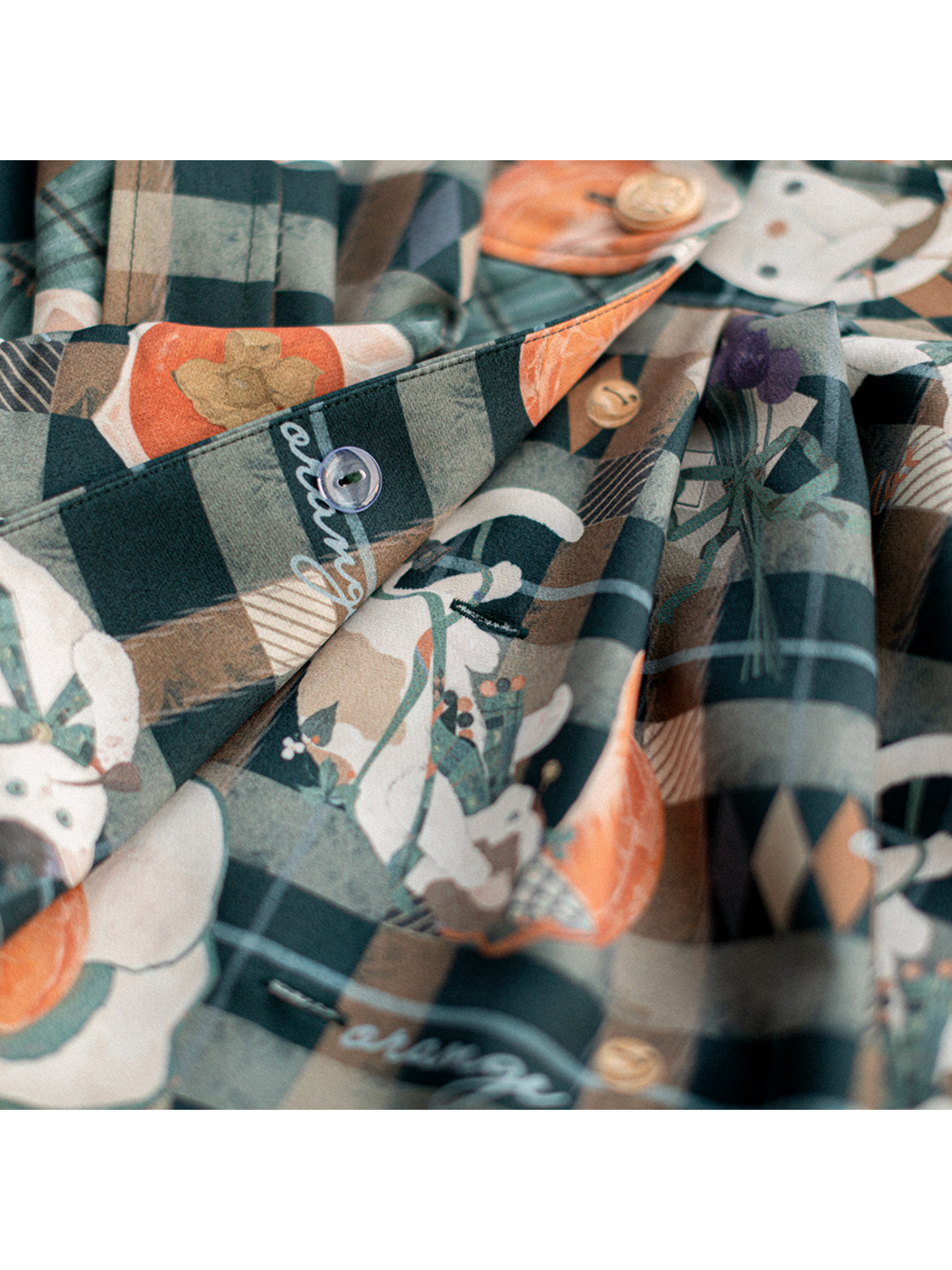 柿猫と花束の格子縞クラシカルワンピース(ダークグリーン)