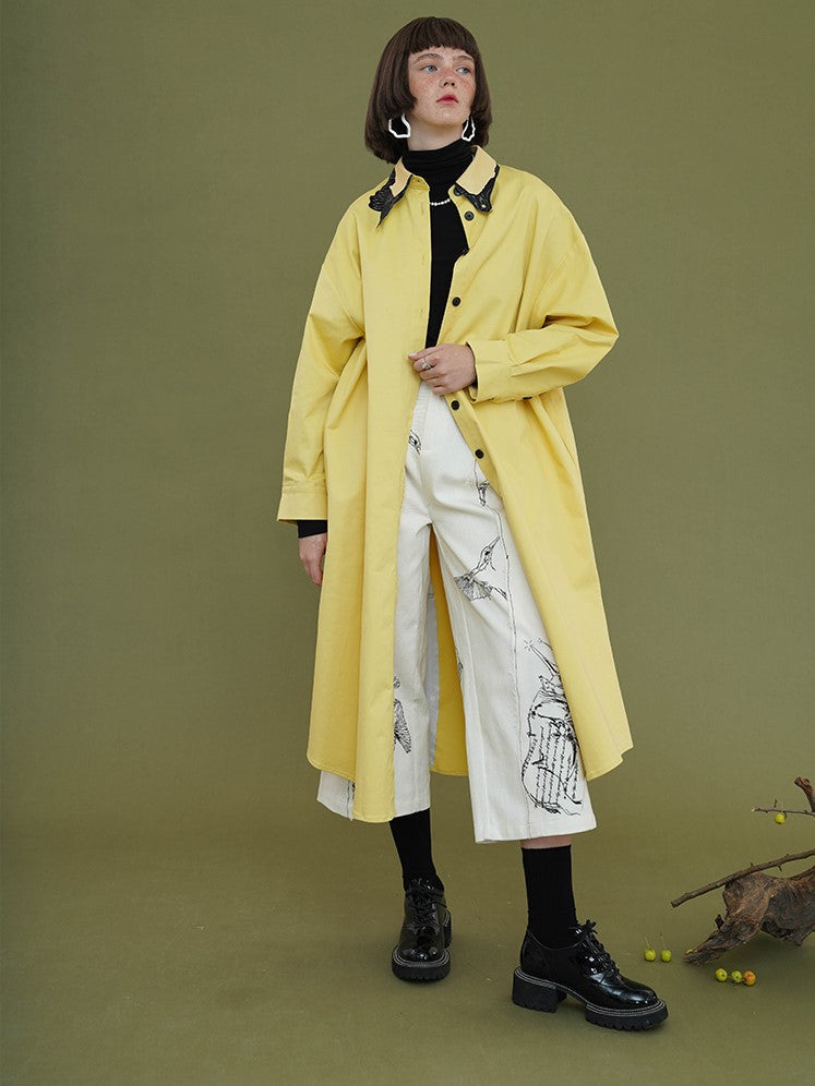 翡翠の刺繍襟イエローコートワンピース