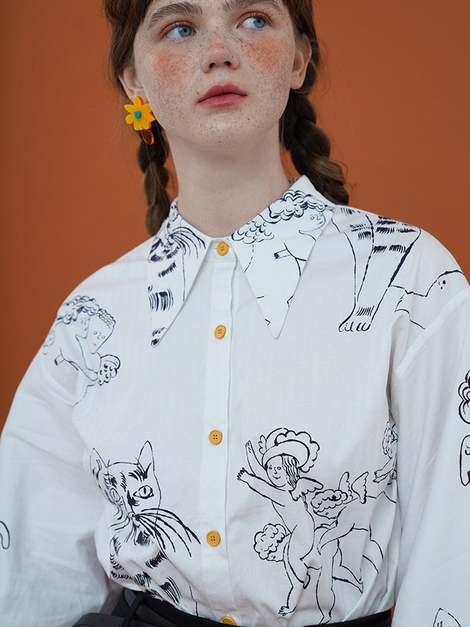 愛猫と天使の手描きアートホワイトブラウス