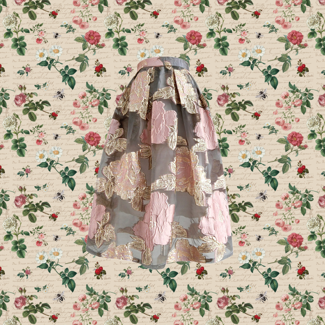 薄紅の花柄刺繍ヘップバーンスカート