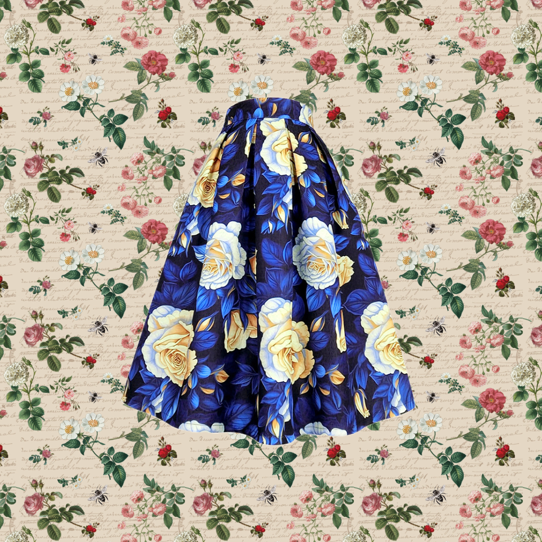 青紫の薔薇柄ヘップバーンスカート