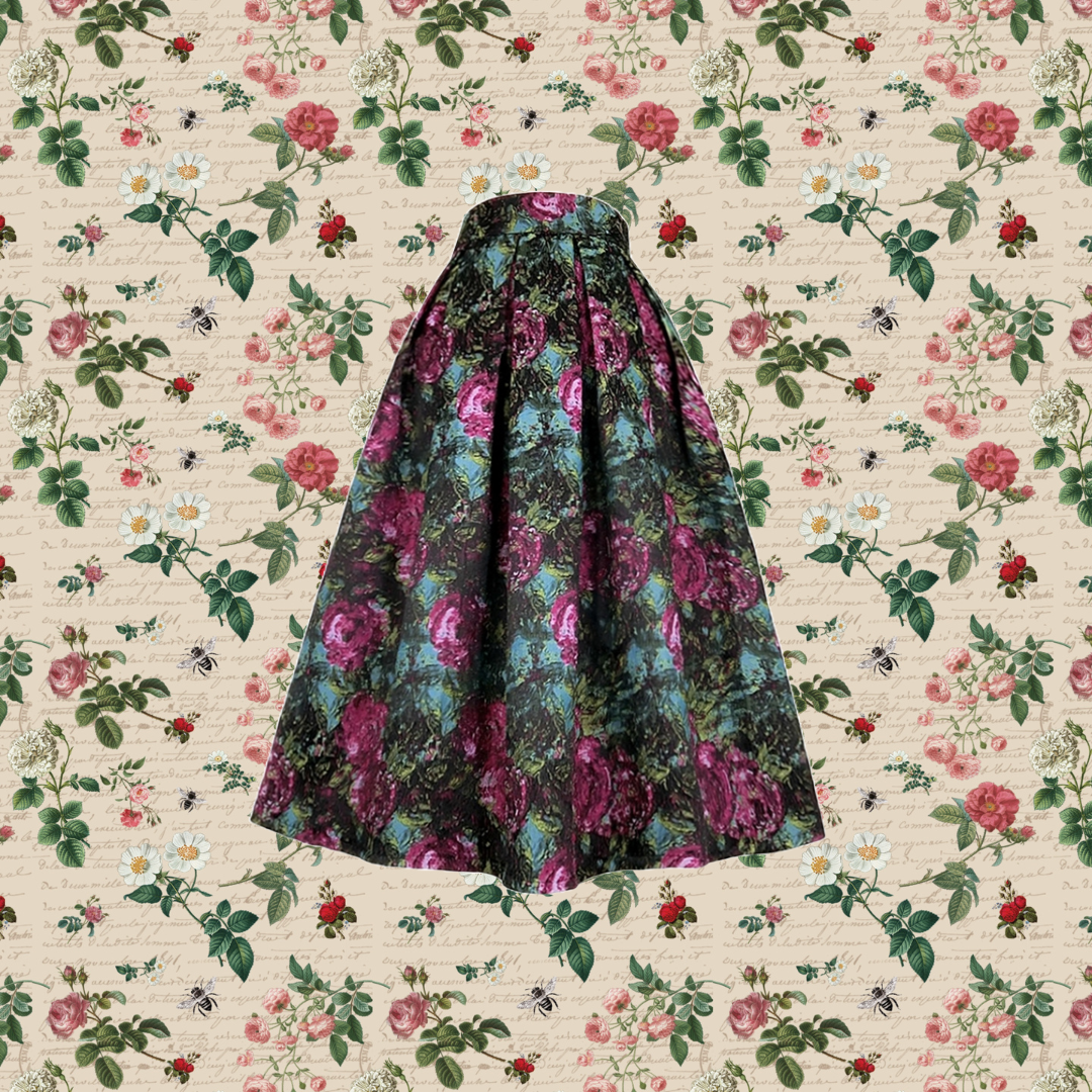 赤紫の花群集ヘップバーンスカート