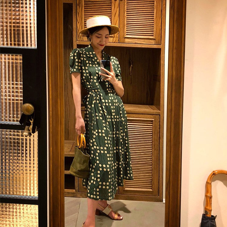 緑青色の水玉ヴィンテージワンピース