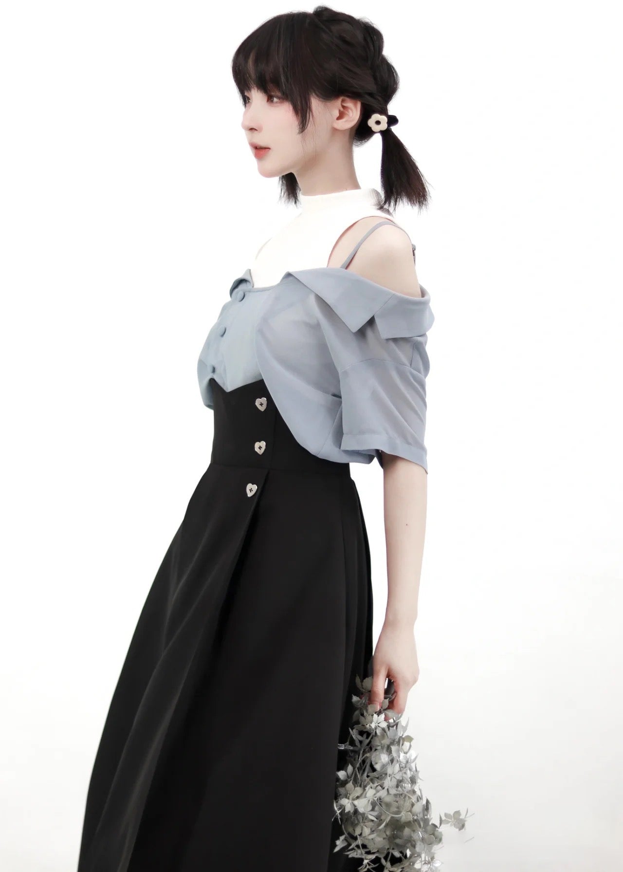 Black Jumper Skirt and Black High-Waisted Skirt and Misty Gray Tops