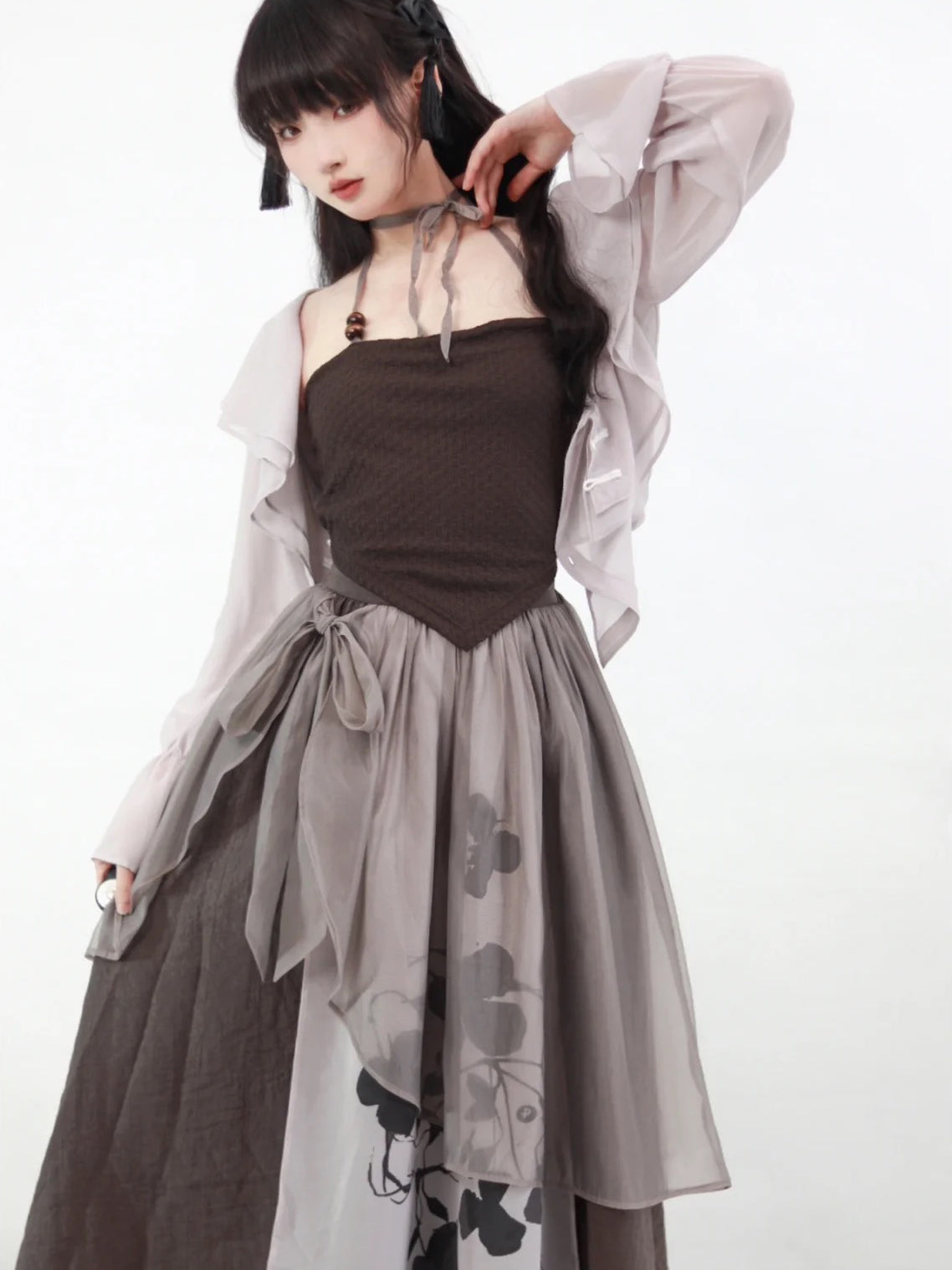 Ink Painting Skirt with Flower Shadows and Chiffon Blouse and Tube Top