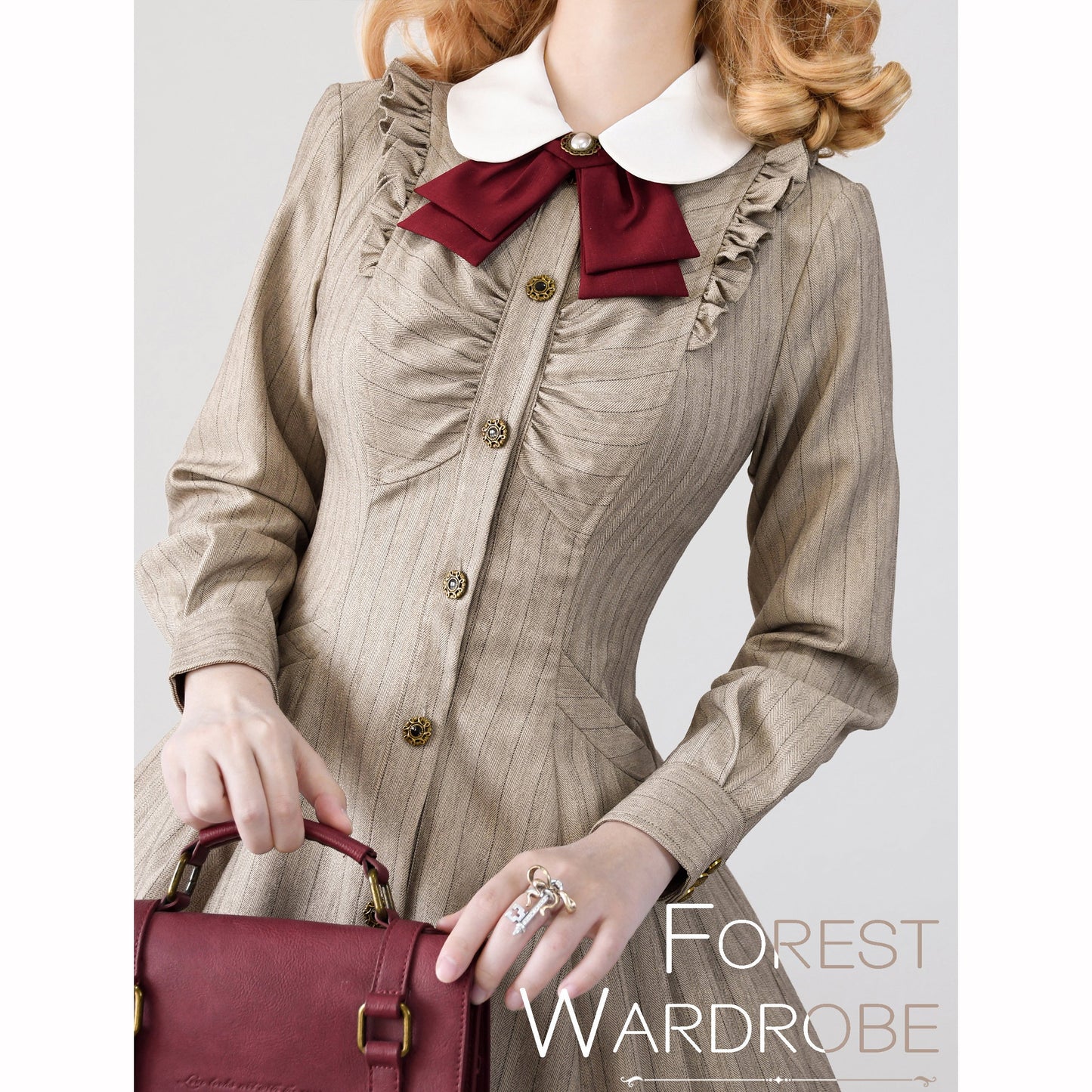 白茶のお嬢様の縦縞クラシカルワンピース