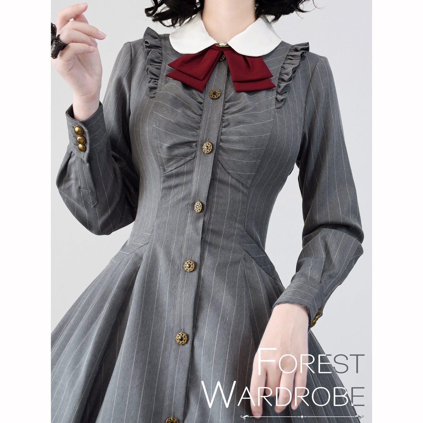 灰藍のお嬢様の縦縞クラシカルワンピース