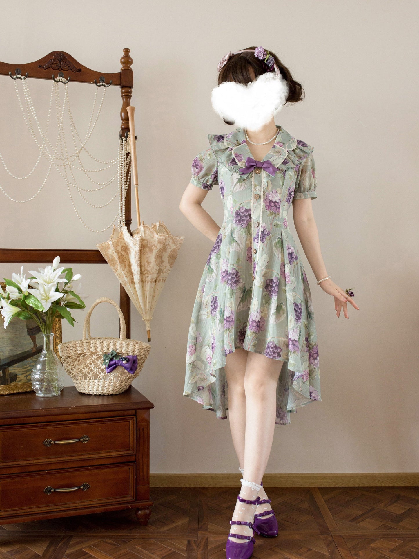 紫葡萄の水彩画クラシカルフィッシュテールワンピース