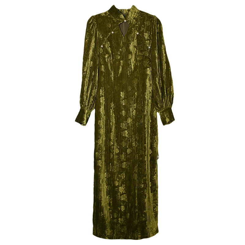 苔緑の薔薇柄ベルベットワンピース