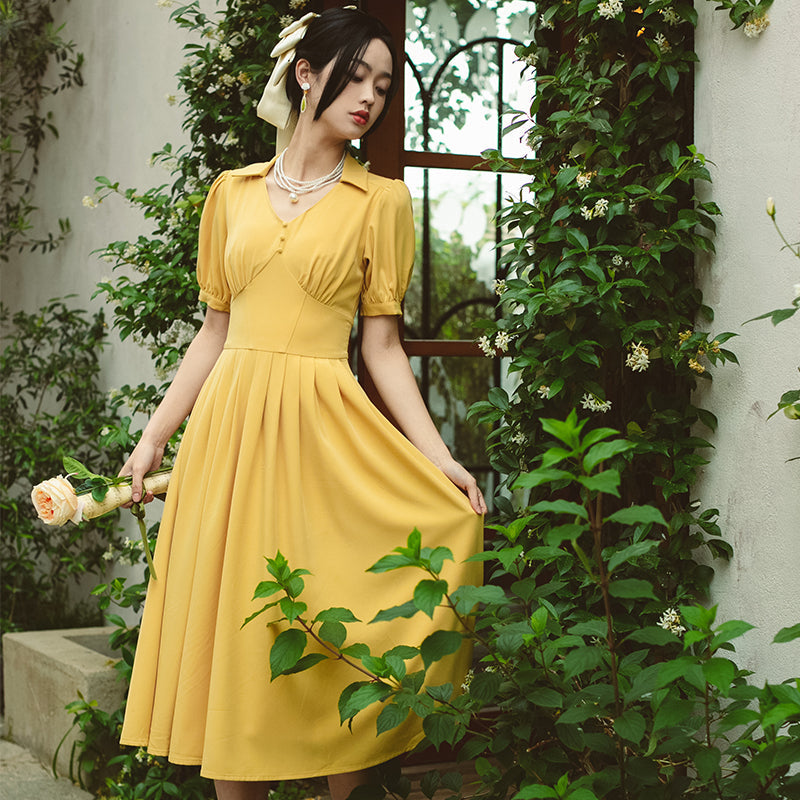 yellow retro dress Zapaka Women Retro Yellow 1950s Dress Elegant V Neck Vintage Dress, Yellow / L