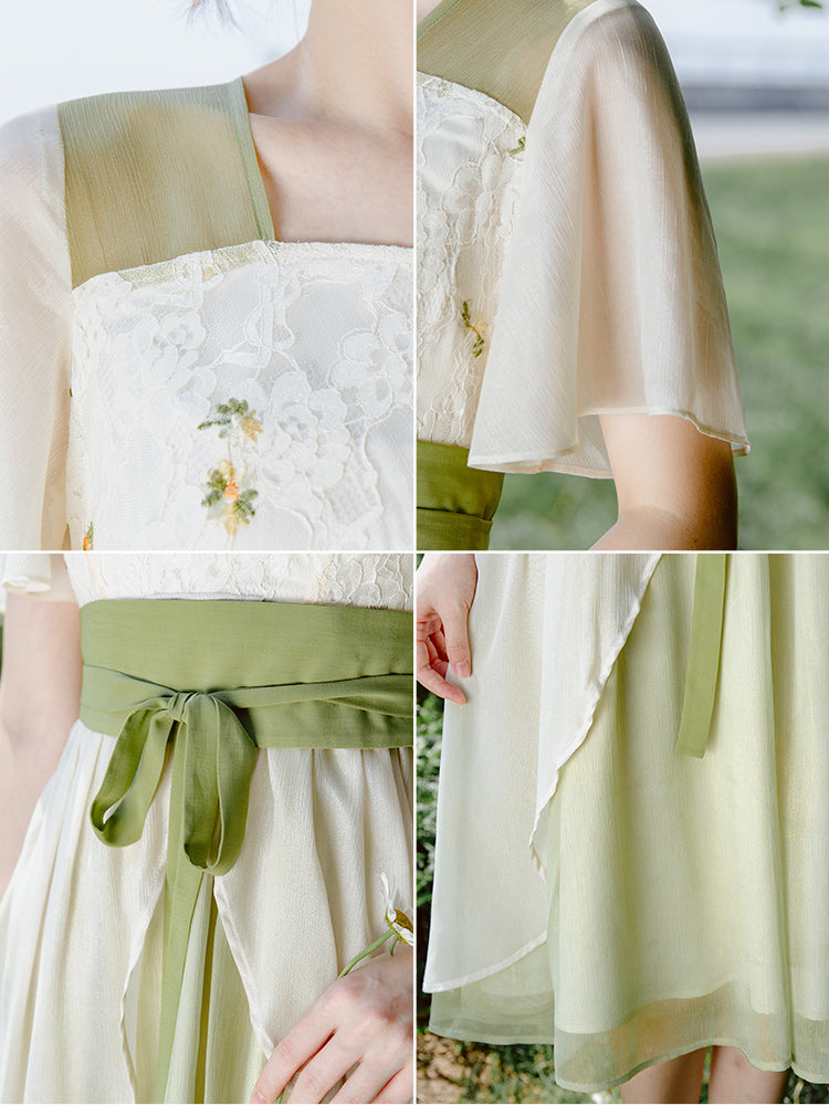 柳葉色の花刺繍ワンピース