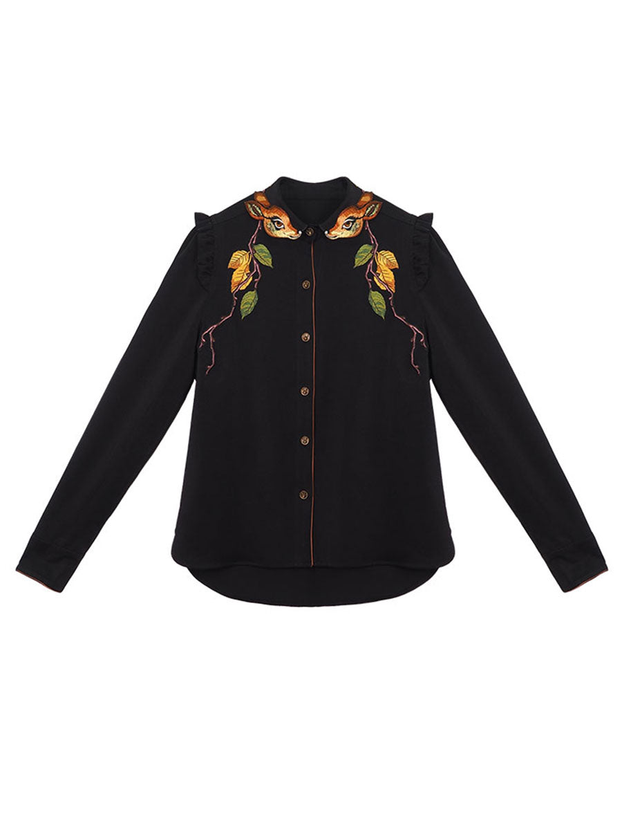 深林小鹿の刺繍ブラウス