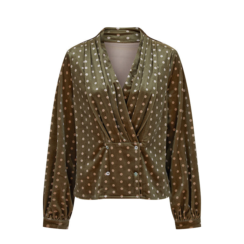 青丹色の水玉ベルベットブラウス