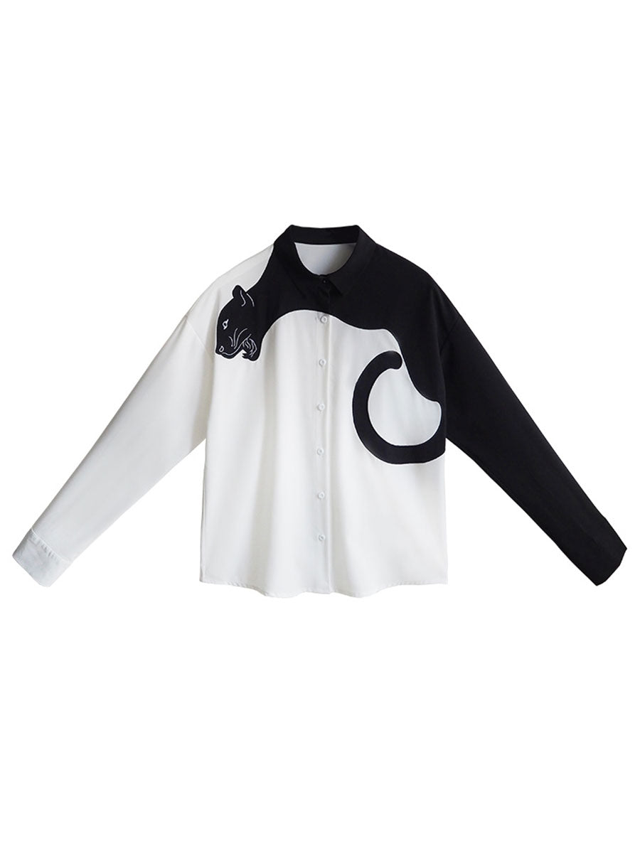 黒豹の装飾ロングスリーブブラウス
