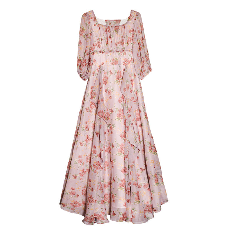 梅花色の花柄コルセットワンピース