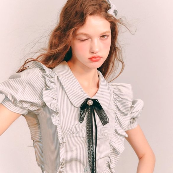 Afternoon Shirt Blue Coffee Stripe Ruffle Lace Bow