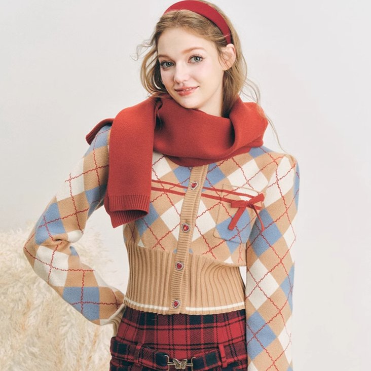 Holiday plaid short warm color knit jacket – remulia