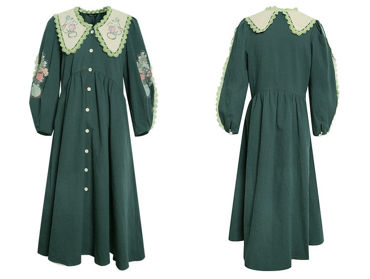 向日葵とハイビスカスのある花瓶の刺繍ワンピース