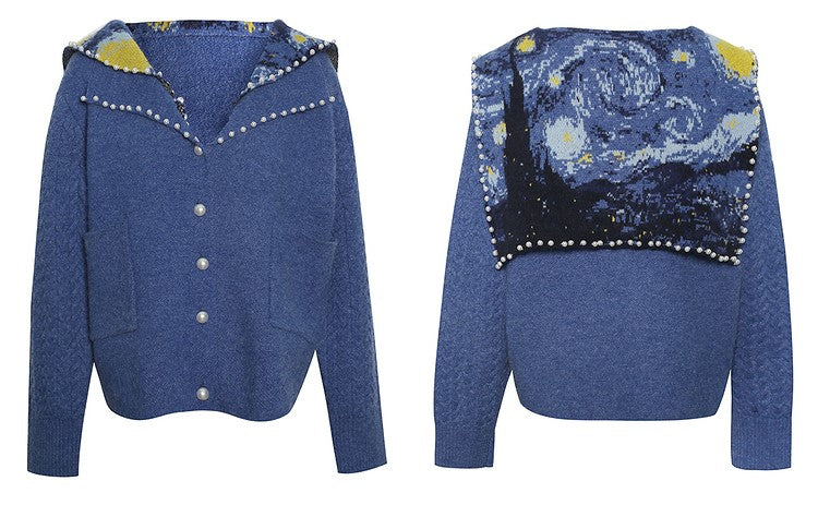 星月夜と花瓶の向日葵のセーターカーディガン